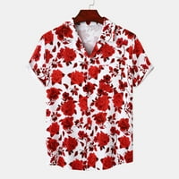 Caveitl върхове за мъже, лятна винтидж отпечатана риза Мъжки късо ръкав Кубинска яка риза Хавайски стил модел с къс ръкав запушване на яка и риза червено