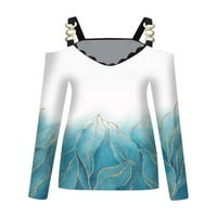 Дамски върхове модерни Y2K Bohemian Print v Врат Тройна катарама дантела Суспендер от рамо тениска с дълъг ръкав блузи за жени плюс размер
