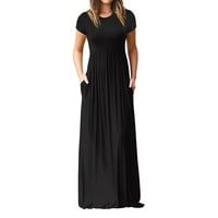 Небрежни рокли за жени с джобно твърдо макси кръгло деколте със средна дължина с къс ръкав черен 3xl