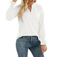 Baocc дамски върхове дамски ежедневни v шия свободен солиден цвят Ruffles дълъг ръкав тениски блуза топ женски върхове с дълъг