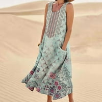 Женски летни макси рокли небрежни бохемски флорални плажни подли за подчинение без ръкави без ръкави с джобове