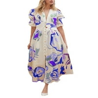 BOMOTOO жени A-Line Summer Beach Sundress Button Down Long Long Dress Хавайски ежедневни макси рокли сини l