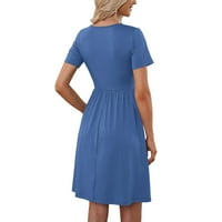 Wendunide рокли за жени, жени летни ежедневни рокли с къс ръкав бутон надолу по дължина на коляното с джобове синьо