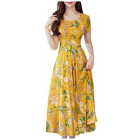 Дамски плюс размер рокля мода лято средна клечка късо ръкав плажен печат рокля жълта l
