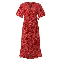 Женски рокли женски бохо рокля ваканция v-образно деколте с късо ръкав от печат от средна дължина midi червен m