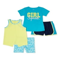 Гепард Момичета графично изпълнение тениска, потник и шорти, 4-парче активен комплект, размери 4 - & плюс