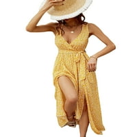 Дами дълги макси рокли v Врат Лятен плаж Сундъдър Флорален печат рокля Boho Kaftan Yellow M