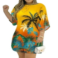 Хайт дами A-Line Dress Crew Neck Кратки рокли ръкав лятен плаж Sundress Holiday Mini-рокля Градиент Жълт 3XL