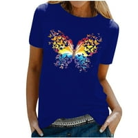 Облечени върхове за жени прилягат жени ежедневни летни печат къси ръкави свободни тениски блуза върхове Дами горни сини m