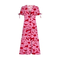 Zunfeo летни рокли за жени Просвещение- Отпечатан къс ръкав v Врат Подобна плажна рокля Винтидж Бохемия рокля горещо розово s