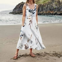 Рокли за жени без ръкави отпечатани отпечатъци от свободно време Слънчева рокля с v-образно рокля бежово s