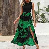 Рокли за жени maxi без ръкави модни а-лайн отпечатан екипаж лятна рокля зелена xl