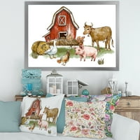 Дизайнарт 'ферма къща с гъска крава прасе пиле и купа сено' Рустик рамка Арт Принт