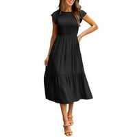 Просвета летни рокли за жени с къс ръкав със средна дължина сладък а-линия отпечатан екипаж дата с дата с черна m