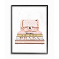Ступел индустрии моден дизайнер чанта книжен шкаф Розово бяло злато акварел рамкирани стена изкуство от Аманда Грийнууд