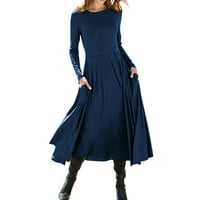 Рокля мода жени ежедневни дълги ръкави с печат от печат дами свободна тениска в средата на дългата рокля с джобни есенни рокли