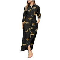 Рокли с дълъг ръкав със средна дължина флорална кръгла деколте слънчева рокля черно 2xl