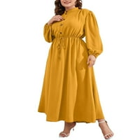 Небрежна яка за стойка Линия рокля с дълъг ръкав Горчица Жълта плюс размер рокли