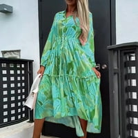 Секси рокли за жени слънчева рокля v-образно деколте с дълъг ръкав флорално зелено xl