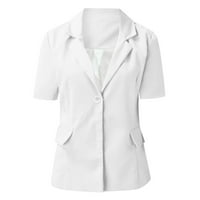 Symoid Womens Blazercoats & Jackets- Секси мода V-образно вещество солидна джобна жилетка с къс ръкав небрежно бяло L