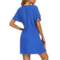 Сини рокли за жени модни модни ежедневни къси ръкави плажни дрехи свободни v рокля в шията