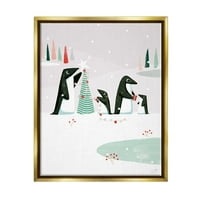 Ступел Индустрии Пингвини Декориране Коледно Дърво Празнична Живопис Злато Плават Рамкирани Изкуство Печат Стена Изкуство